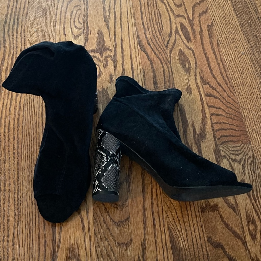 Open toe booties with snakeskin heel